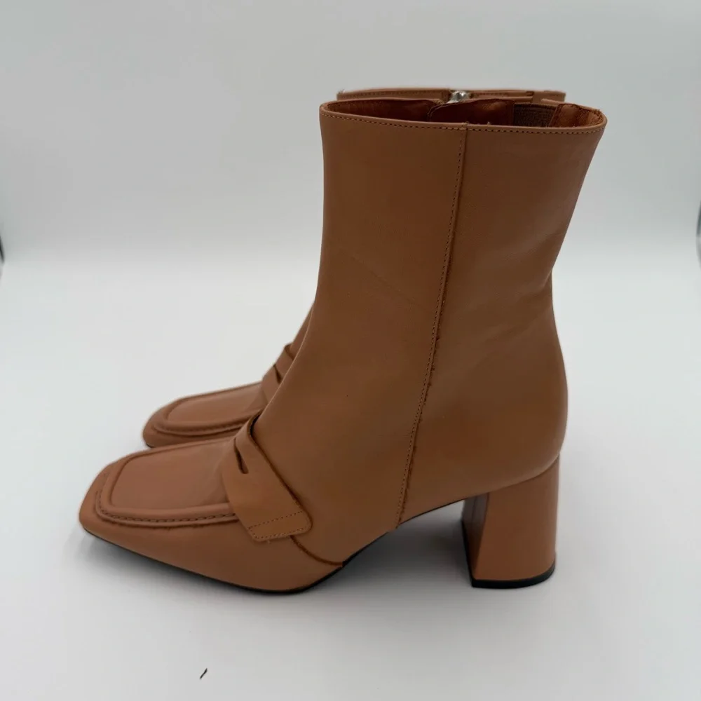 Angel‎ Alarcon Square Toe Chunky Block Heeled Ankle Boots Booties Camel 8 NWOT